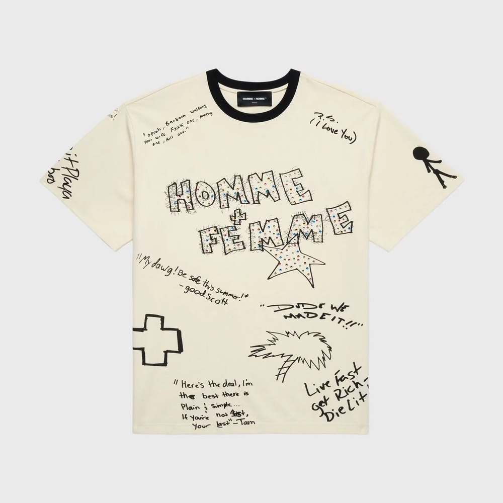 Homme + Femme Yearbook Tee Cream Rhinestone Graphic T-Shirt Mens Large